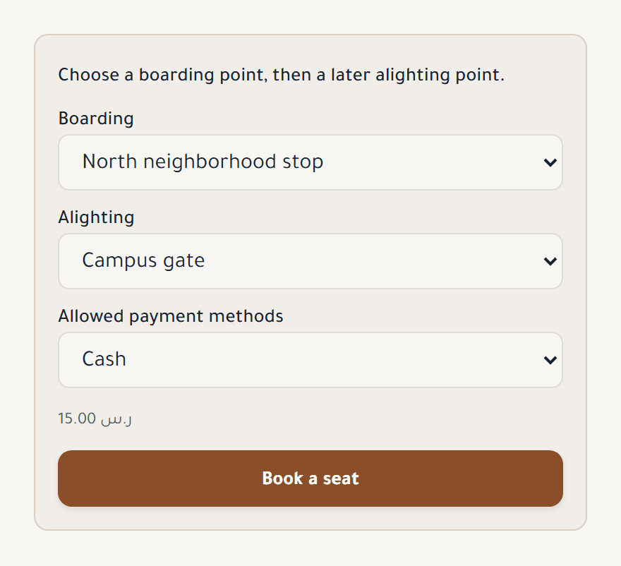 Student booking form with boarding and drop-off stops, payment method, fare, and a book-seat button.