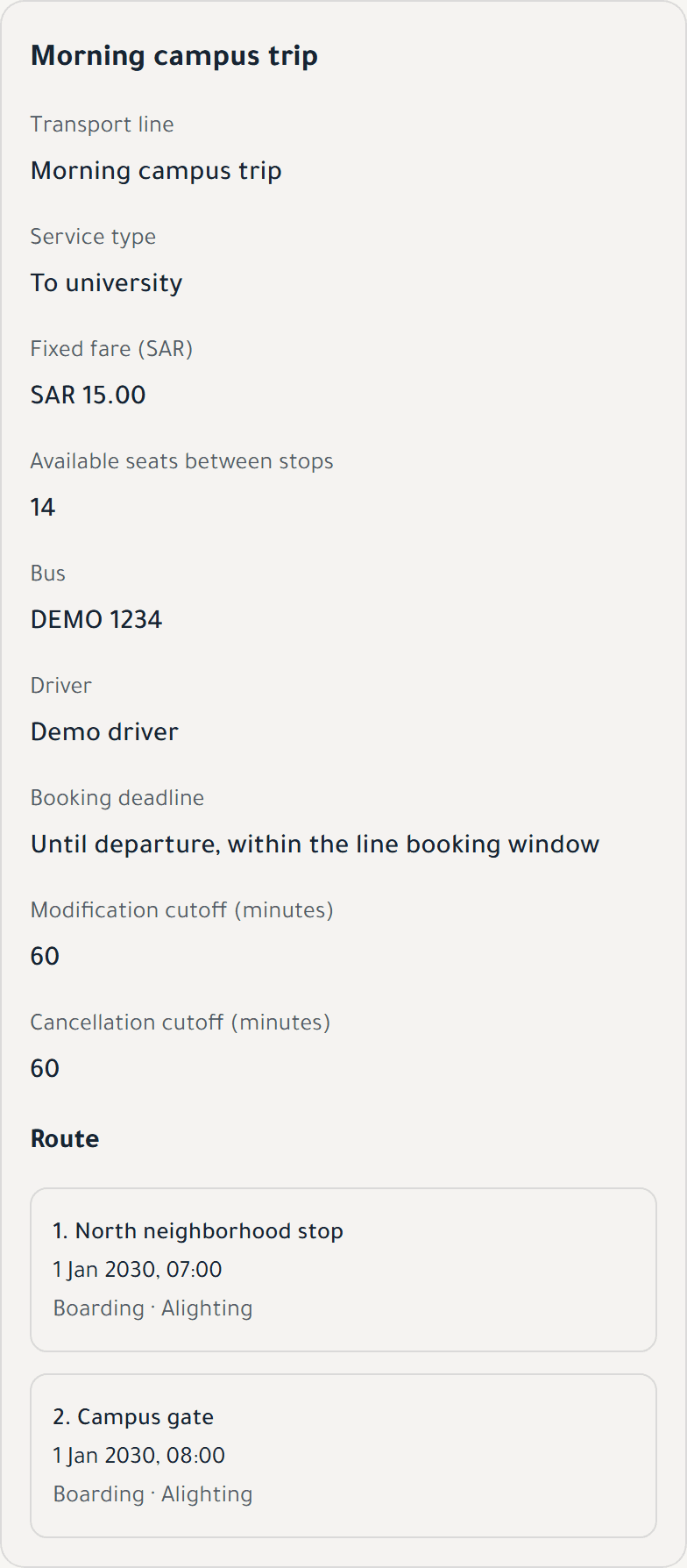 Trip review in the company dashboard showing the time, bus, driver, capacity, and boarding and drop-off stops.