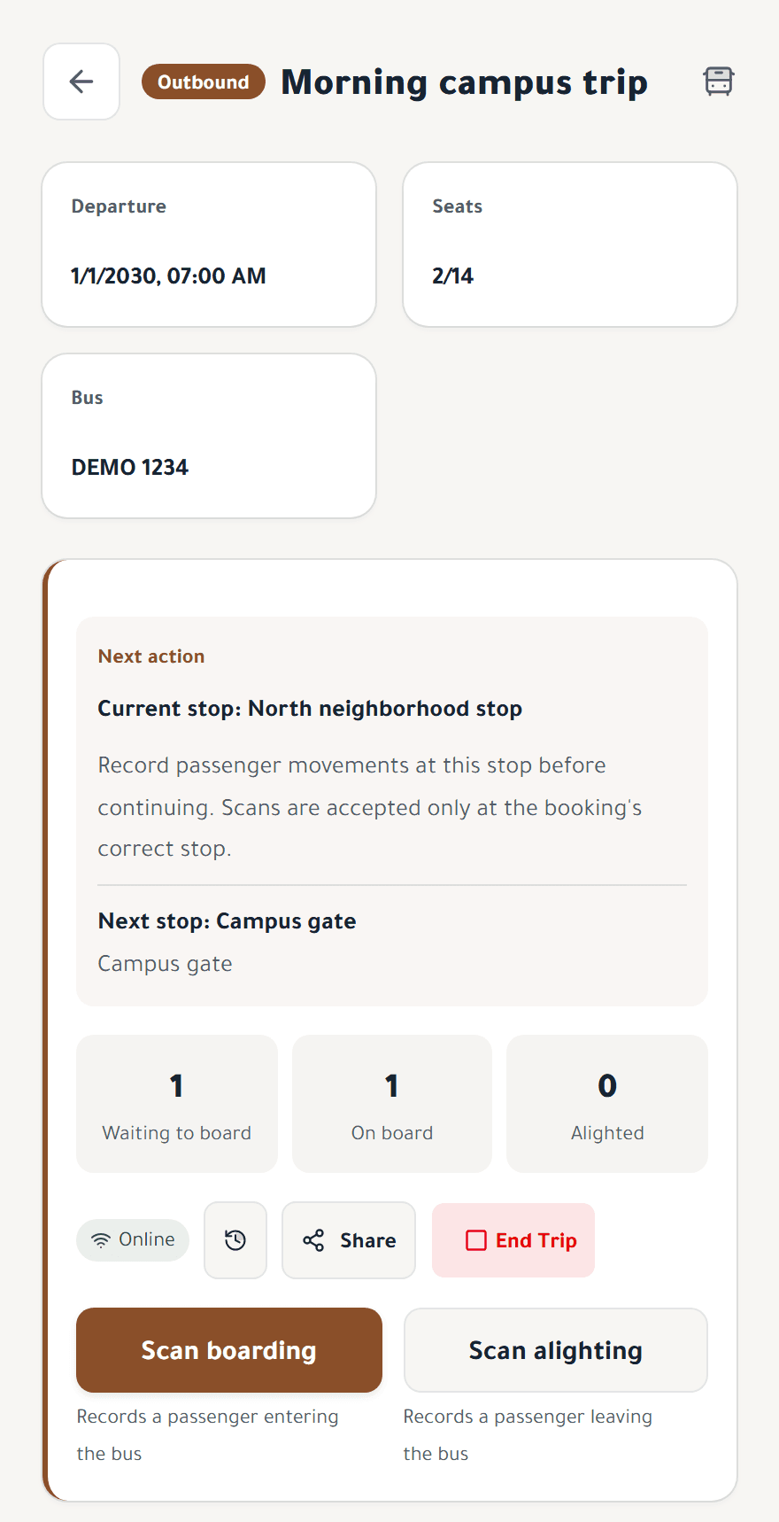 Driver trip view showing the current and next stops, student counts, and boarding and alighting scan buttons.