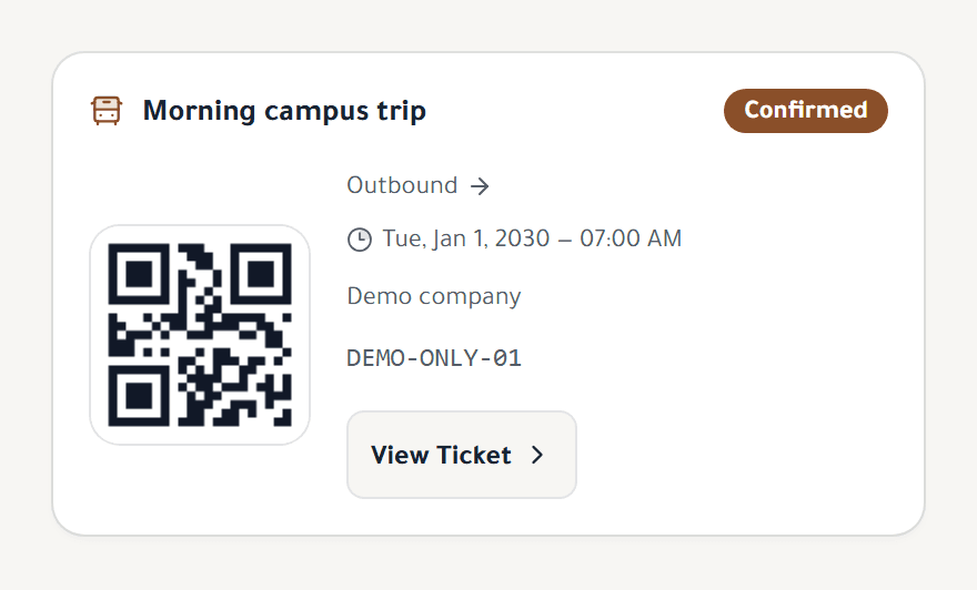 Ticket card in a student account showing the trip name, departure time, booking status, and QR code.